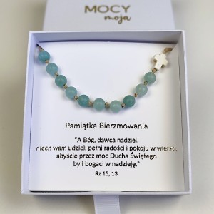 Bransoletka różaniec z morskiego agatu- Pamiątka Bierzmowania