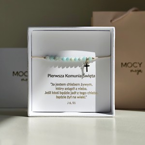 Bransoletka różaniec z amazonitu - Pamiątka I Komunii św.